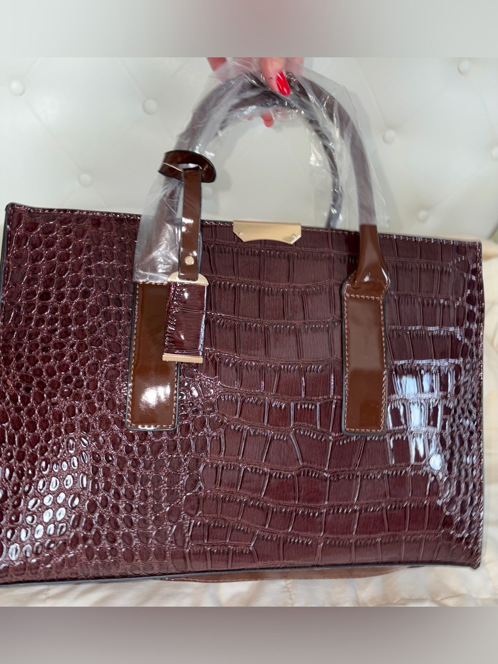 Women's Croc-Embossed Patent Leather Tote - Dark Brown